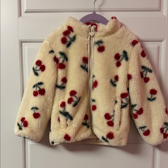F&F Girls Fleece Cherry Print Zip Through Jacket in Cream 4T - Picture 2 of 7